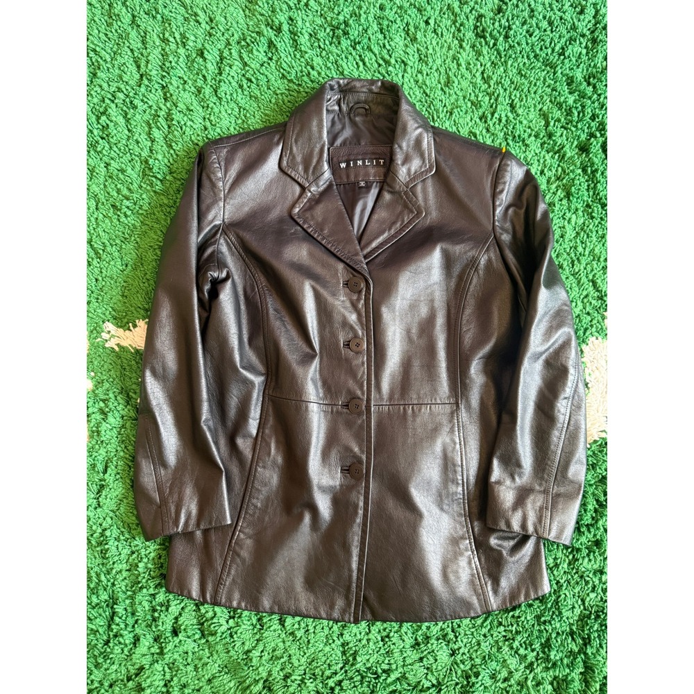Winlit Black Genuine Leather Blazer Jacket Womens Size M Four Button Coat